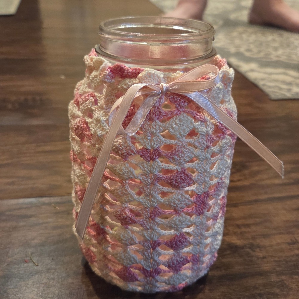 Handmade Crochet Glass Jar Cover Pink Cream Variegated Boho Cottagecore Decor